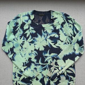 J. Crew Blue and Green Crew Neck Sweater with Bold Floral Design